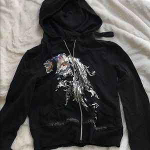 Express black hoodie zip up with silver design